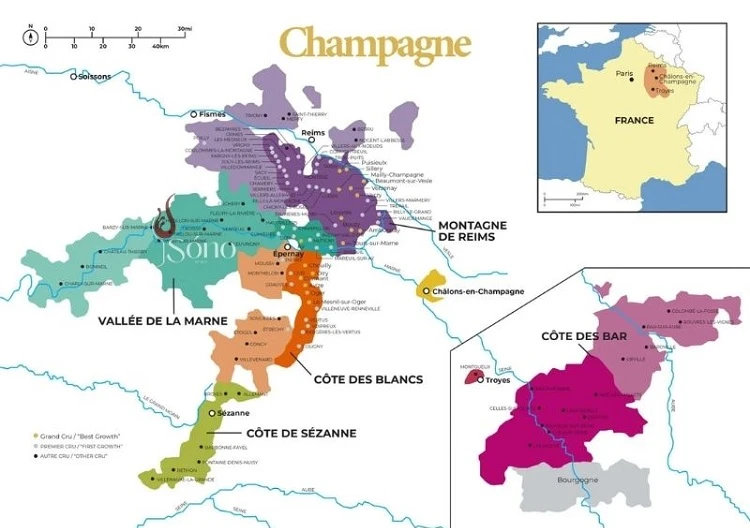 Các khu vực nổi bật trong vùng làm rượu vang Champagne